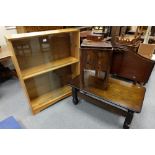Glass fronted bookcase, oak coffee table,