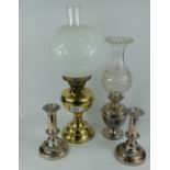 Pair of silver plated candlesticks together with similar gas lamp and another (4)