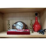 Oak cased mantle clock, heavy brass candlesticks,