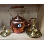 Large Copper kettle together with 2 brass candlesticks (3)