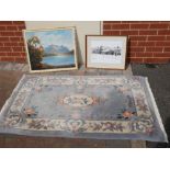 Light blue living room rug and two framed prints of landscape scenes (3)