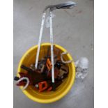 A collection of Garden and hand tools together with large gorilla tub