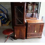 Reproduction Mahogany astral glazed corner cupboard with similar television cabinet and small table