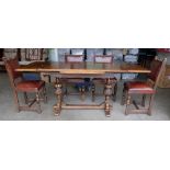 Oak draw leaf table with four leather upholstered matching chairs (5)