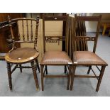 Two oak inlaid ladderback chairs together with similar sixpence chair (3)