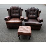 Pair of brown leather Chesterfield arm chairs together with similar footstool (3)