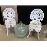 Two alloy garden chairs together with large bulbous glass vase (3)