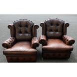 Pair of brown leather Chesterfield arm chairs (2)