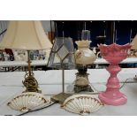 A collection of table lamps together with glass lustre vase (crystals missing) (4)