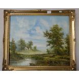 Framed oil on canvas of landscape scene