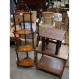 Inlaid mahogany 20th Century 4-tier what knot, with oak stool and tea trolley.