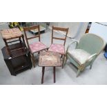 Oak chairs together with 2 small tables, commode and stool.