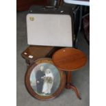 Small drop leaf occasional table, tripod table, singer sewing machine and oak picture frame.