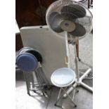 Plastic collapsible decorators table together with Blue Ice free standing fan and four folding