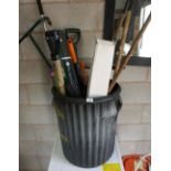 A quantity of gardening equipment including fencing, spades forks. etc.