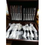 Cased Sheffield cutlery set containing knives, forks, spoons, etc.