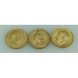 Three Sovereign coins dated 1887, 1907 and 1913 total weight 23.