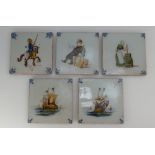 A collection of Dutch delft tiles decorated with ships and various characters,