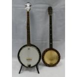 Ozark 5 string banjo with metal stand and an old wood 4 string banjo (3)