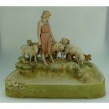 Royal Dux center piece of young girl tending to flock of sheep 37 cm by 30cm tall