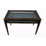 Victorian walnut brass inlaid small shop display counter, bevelled edge to glass,