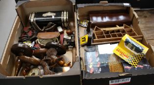 A collection of interesting collectors items including oak candlesticks, AA car badges, corkscrew,