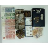 A collection of pre decimal coins together with 10 shillings notes etc