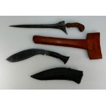 Middle eastern curved short sword in leather sheath and another short sword in wooden sheath (2)