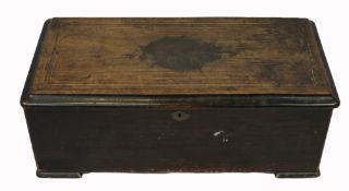 19th Century Swiss barrel musical box in rosewood inlaid case (case has veneer loss to inlaid panel,