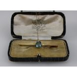 Victorian 9ct bar brooch set with aqua stone in original Pidducks of Hanley box