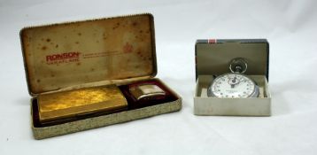 Ronson Varaflame lighter and cigarette case decorated with mother of pearl and Ingersoll stopwatch,
