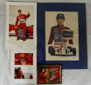 A collection of Formula one racing memorabilia comprising Ayton Senna print by Andrew Bumsted,