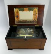 A 19th Century Swiss musical box in inlaid rosewood case with crank wind mechanism playing 8 tunes