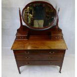 Edwardian mahogany inlaid dressing table with oval mirror and matching washstand base with marble
