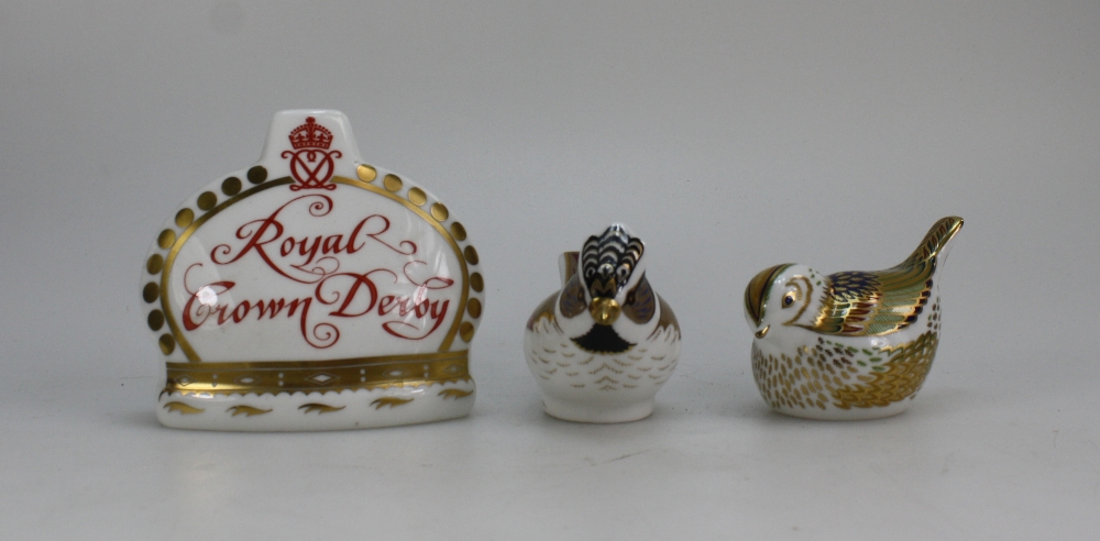 Royal Crown Derby Paperweights Crown name stand, Fire crest Bird and Gold Crested Tit,