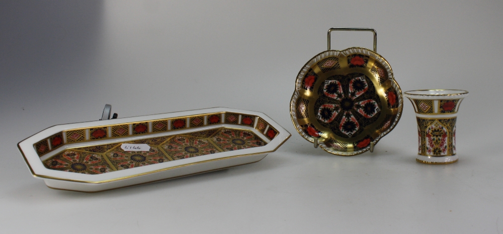 Royal Crown Derby small vase and dish in the 1128 Imari design (both seconds) and a similar long