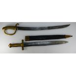 19th Century French Gladius Short Sword with brass one piece handle & leather scabbard and German