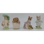 Beswick Beatrix Potter figures Mrs Tiggywinkle, Hunca Munca Sweeping, Benjamin Bunny and Tom Kitten,