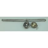 Silver coloured metal locket and chain together with gemstone brooch total weight 59.