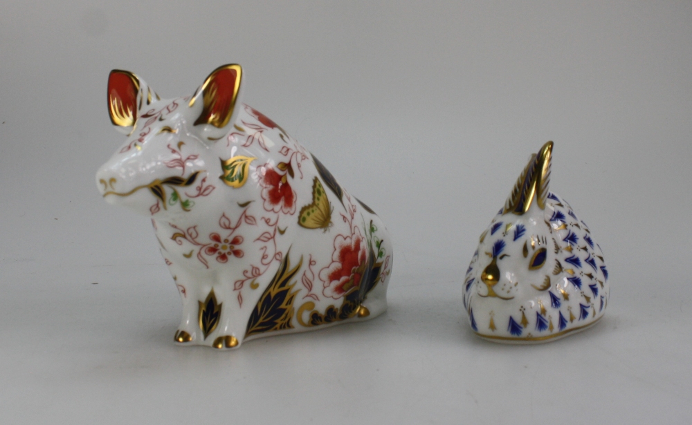 Royal Crown Derby paperweight Sitting Pig and Rabbit,