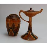 Clews Chameleon Ware Genies lamp on stand and vase decorated in brown & black,