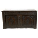 18th Century 3 panel oak coffer with later carving and damaged panel to top
