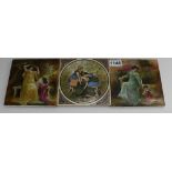 Pair early 20th Century hand painted tiles decorated with mother and daughter in garden scenes and