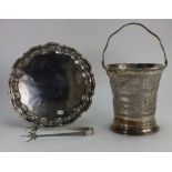 Indian Sterling Silver ornate ice bucket & stand with liner and tongs,