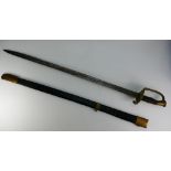 19th Century officers sword with brass hilt and horn grip in later leather scabbard,