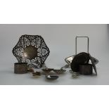 Silver small tray, pair serviette rings, set 6 tea spoons,