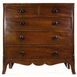 Victorian mahogany inlaid chest of drawers with splayed feet (back foot missing and chest has been