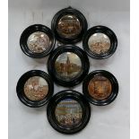 A collection of Prattware framed ceramic lids depicting horse racing scenes, hunting scenes,