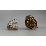 Royal Crown Derby paperweight Meadow Rabbit and Little Owl,