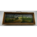 Early 20th Century earthenware tile hand painted with early evening landscape scene in gilt frame,